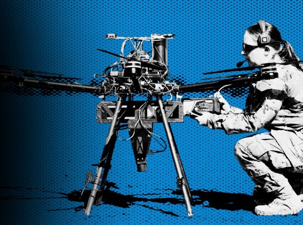 Soldier repairing a drone